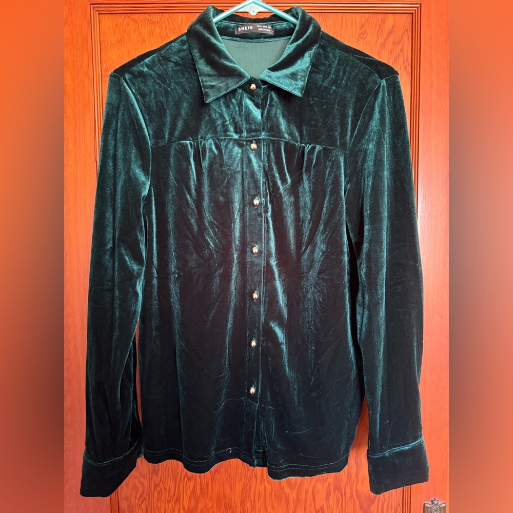 SHEIN Velvet Button-Down Shirt in Deep Green